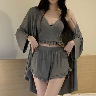 V-neck Ruffle Trim Camisole Top / Ruffle Hem Shorts / Robe
