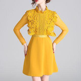 Long-sleeve Lace Panel A-line Cocktail Dress