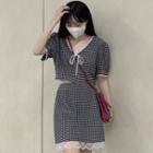 Puff-sleeve Lace Trim Plaid Cropped Blouse / Side-slit Mini A-line Skirt