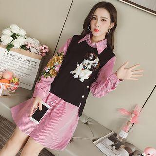 Set: Long-sleeve Striped Mini Shirtdress + Sleeveless Sequined Dog Top