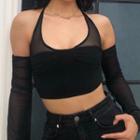 Halter-neck Mesh Panel Crop Top