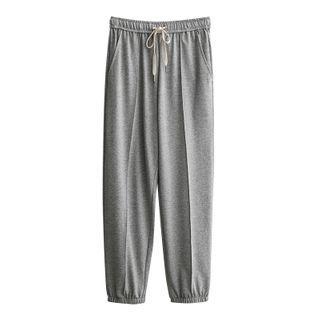 High-waist Plain Striped Straight-cut Pants Melange Gray - One Size