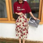 Lettering Short-sleeve T-shirt / Flower Print Midi A-line Skirt