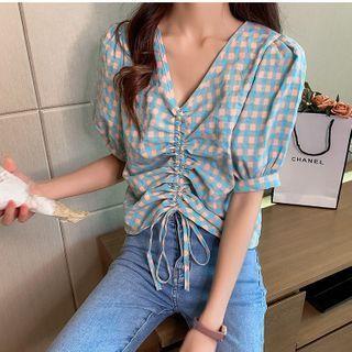Puff Sleeve V-neck Drawstring Plaid Cropped Top