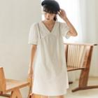 Short-sleeve Embroidered Trim A-line Dress Off-white - One Size