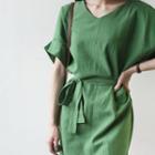 Linen Blend Loose-fit V-neck Dress With Sash