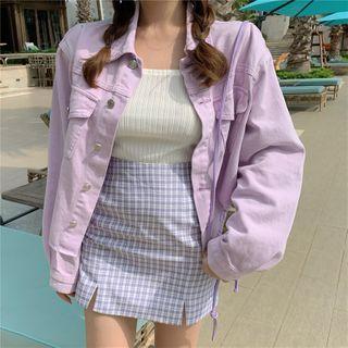 Long-sleeve Plain Denim Jacket Purple - One Size