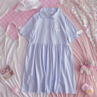 Short-sleeve Embroidered Knit A-line Polo Dress