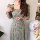 Elbow-sleeve Square Neck Floral Midi A-line Dress