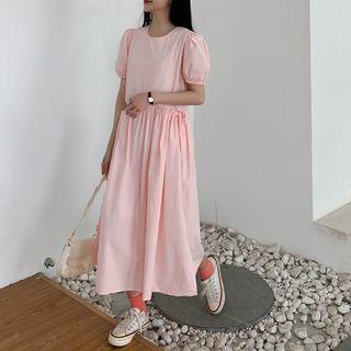 Short-sleeve Plain A-line Dress Orange Pink - One Size
