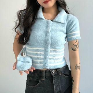 Collared Striped Short-sleeve Mohair Cardigan