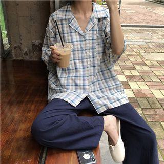 Elbow-sleeve Plaid Shirt / Cropped Wide-leg Pants