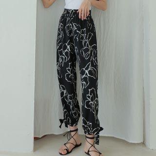 Printed Band-waist Tie-hem Cropped Pants
