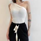 One-shoulder Tank Top / Argyle Cardigan / Straight Leg Pants