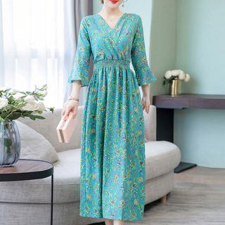 Flower 3/4-sleeve Midi A-line Dress