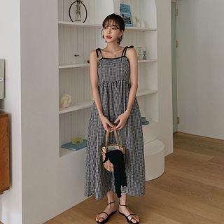 Tie-shoulder Gingham Long Sundress One Size