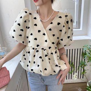 Puff-sleeve Heart Print Blouse Black Hearts - Beige - One Size