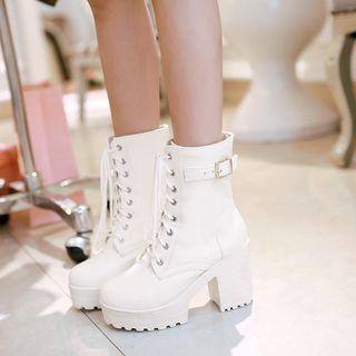 Faux Leather Block Heel Platform Short Boots