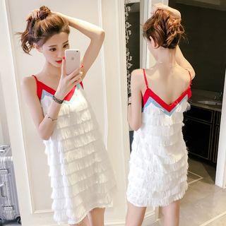 Spaghetti Strap Contrast Trim Fringe Dress