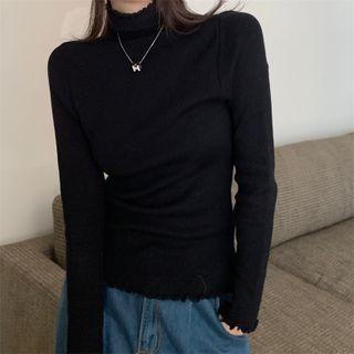 Long-sleeve Turtleneck Lettuce Edge Plain T-shirt