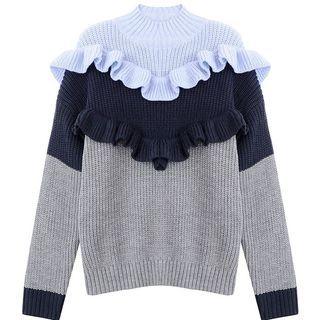 Ruffled Color Block Sweater Blue & Gray - One Size