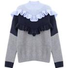 Ruffled Color Block Sweater Blue & Gray - One Size