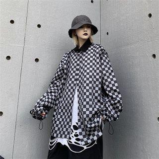 Drawstring Cuff Mosaic Patterned Button Jacket As Shown In Figure - One Size