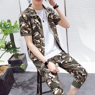 Set: Short-sleeve Camo Zip Jacket + Capri Sweatpants