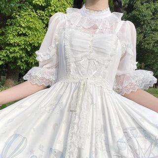 Bell-sleeve Lace Trim Print A-line Dress White - One Size