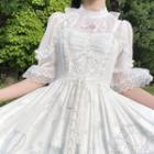 Bell-sleeve Lace Trim Print A-line Dress White - One Size