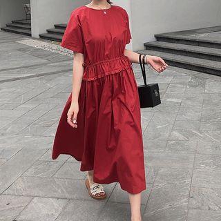 Short-sleeve Plain Crew-neck Loose-fit Midi Dress