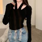 Long-sleeve Plain Cable Knit Slim Fit Halter Top
