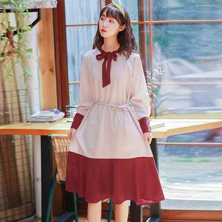 Two-tone Long-sleeve Shift Dress With Cord