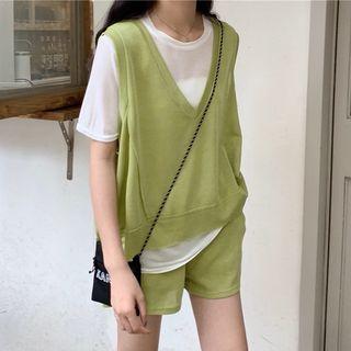 Set: V-neck Sleeveless Top + Short-sleeve Plain T-shirt + Shorts