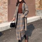 Plaid Single-breasted Long Coat / Cropped Dress Pants / Set