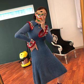 Collared Long-sleeve A-line Knit Dress Blue - One Size