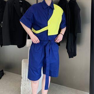 Set: Short-sleeve Two-tone Shirt + Shorts