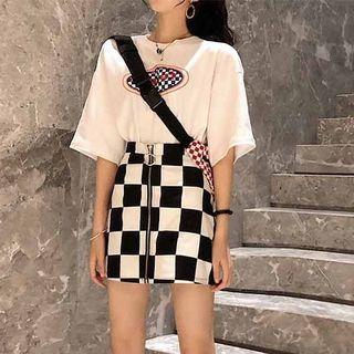 Set: Plaid Elbow-sleeve T-shirt + Front Zip Checked A-line Skirt