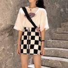 Set: Plaid Elbow-sleeve T-shirt + Front Zip Checked A-line Skirt