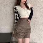 Argyle Panel Cold-shoulder Cardigan / Faux Leather Mini Pencil Skirt