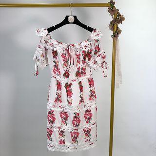 Flower Print Lace Trim Off-shoulder Sheath Dress