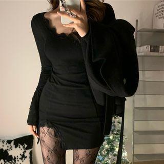Long-sleeve Lace Trim Mini Bodycon Dress Black - One Size
