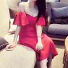Flutter-sleeve Off-shoulder A-line Midi Dress