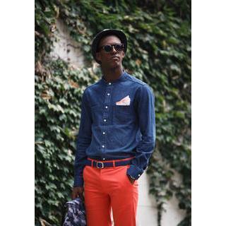 Mandarin-collar Washed Denim Shirt
