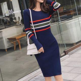Striped Sheath Knit Dress Dark Blue - One Size