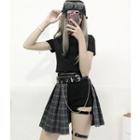 Short-sleeve Crop T-shirt / Cut Out Shorts / Plaid Pleated Skirt / Chain Accent Belt