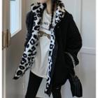 Leopard Print Fleece Collar Jacket Black - One Size