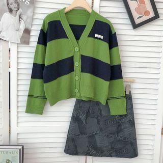 Color Panel V-neck Long-sleeve Knit Jacket Green - One Size