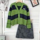 Color Panel V-neck Long-sleeve Knit Jacket Green - One Size