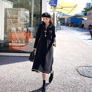 Piped Flare Long Knit Dress Black - One Size
